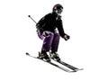 One woman skier skiing jumping silhouette Royalty Free Stock Photo