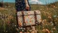 One woman smiling, holding luggage in meadow generated by AI Royalty Free Stock Photo