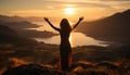 One woman standing on mountain peak, arms outstretched, enjoying nature generated by AI Royalty Free Stock Photo