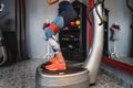 One woman training on the power plate machine female use powerplate for exercise Royalty Free Stock Photo