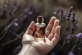 In One Womans Hand Small Brown Bottle Of Essential Oil, In The Other Hand Lavender. Generative AI