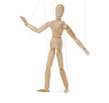 One wooden puppet with strings on white background