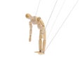 One wooden puppet with strings on white background