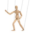 One wooden puppet with strings on white background