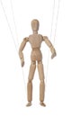 One wooden puppet with strings on white background