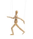 One wooden puppet with strings on white background