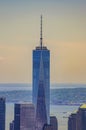 The One World Trade center or Freedom Tower located in New York City. Architectural modern buildings at lower Manhattan skyline. Royalty Free Stock Photo