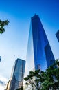 The One World Trade center or Freedom Tower located in New York City. Architectural modern buildings at lower Manhattan skyline. Royalty Free Stock Photo