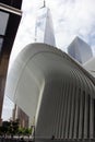One World Trade Center tower, Detail of the Oculus building in the foreground, in Lower Manhattan, New York