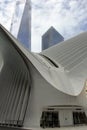 One World Trade Center tower, Detail of the Oculus building in the foreground, in Lower Manhattan, New York