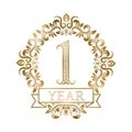 One year anniversary celebration golden vintage logotype. First anniversary gold label in floral wreath with a ribbon