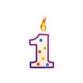 One year anniversary, 1 number shaped birthday candle with fire on white
