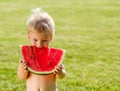 One year old baby boy eating watermelon in the garden Royalty Free Stock Photo