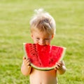 One year old baby boy eating watermelon in the garden Royalty Free Stock Photo