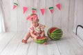 One year old baby girl eating watermelon. Royalty Free Stock Photo