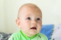 One year old baby is sitting and attentively looking somewhere. Little cheerful boy in a light green suit with sheep. Royalty Free Stock Photo