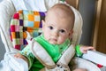 One year old baby is sitting and attentively looking somewhere. Little cheerful boy in a light green suit with sheep. Royalty Free Stock Photo