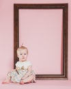One Year Old Birthday Portraits With Blank Frame Royalty Free Stock Photo
