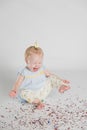 One Year Old Birthday Portraits Crying With Confetti Royalty Free Stock Photo