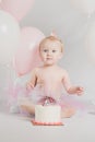 One Year Old Birthday Portraits with Smash Cake Royalty Free Stock Photo