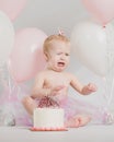 One Year Old Birthday Portraits With Smash Cake Royalty Free Stock Photo