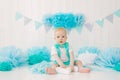 A one-year-old boy celebrates his first birthday. Blue-white color scheme Royalty Free Stock Photo