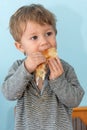 A one-year-old boy eats Traditional Serbian cheese pie gibanica alone Royalty Free Stock Photo