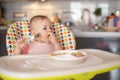 One year old girl having balanced meal in baby eating chair, healthy balanced nutrition for child Royalty Free Stock Photo