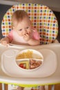 One year old girl having balanced meal in baby eating chair, healthy balanced nutrition for child Royalty Free Stock Photo
