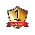 One year Warranty logo with red ribbon isolatedon white background