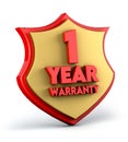 One year warranty text on golden red shield background. 3d illustration.