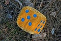 One yellow game cube made of fabric lies on gray dry grass