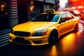 one Yellow modern cab taxi of night City in fast movement with motion blur, in the busy streets of illuminated downtown, traffic Royalty Free Stock Photo