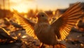 One yellow pigeon flying at sunset, spreading its wings generated by AI