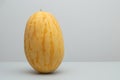 One yellow ripe juicy melon standing upright on the table