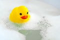 One yellow rubber duck with soap bubble bath, light background with bubbles. Kids spa concept. Children`s bath time concept Royalty Free Stock Photo