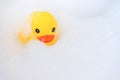 One yellow rubber duck with soap bubble bath, light background with bubbles. Kids spa concept. Children`s bath time concept Royalty Free Stock Photo