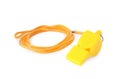 One yellow whistle with orange cord isolated on white Royalty Free Stock Photo