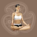 One yoga woman practicing lotus pose.Paisley back