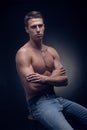 One young adult man, Caucasian, fitness model, muscular body, sh