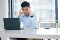 One young asian business man looking exhausted, tired and unmotivated while waiting on slow laptop connection error