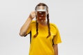 One young excited woman in yellow football kit holding beer mug and supports favorite team. Soccer fans, competition Royalty Free Stock Photo