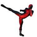 One young man in the red and black superhero costume. Strike right foot. To left Royalty Free Stock Photo