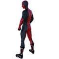 One young superhero man with muscles in red black super suit