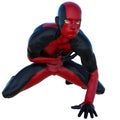 One young superhero man with muscles in red black super suit