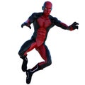 One young superhero man with muscles in red black super suit