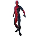 One young superhero man with muscles in red black super suit