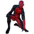 One young superhero man with muscles in red black super suit