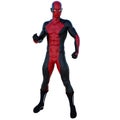 One young superhero man with muscles in red black super suit