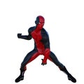 One young superhero man with muscles in red black super suit.